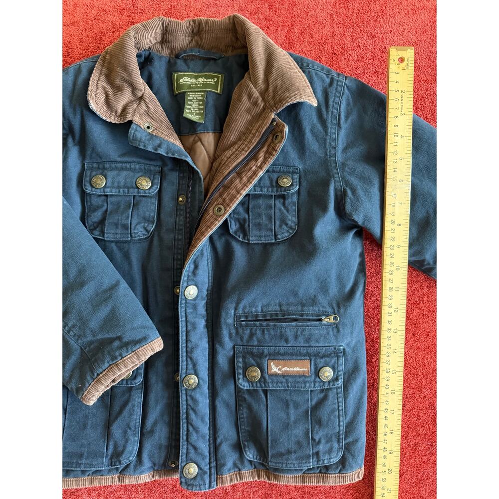 Eddie Bauer Boys Quilted Lined Barn Coat Navy Blue Corduroy Collar Size 7